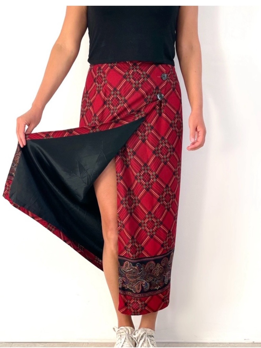 Sag Harbor Red Plaid Wrap Maxi Skirt with Paisley Border